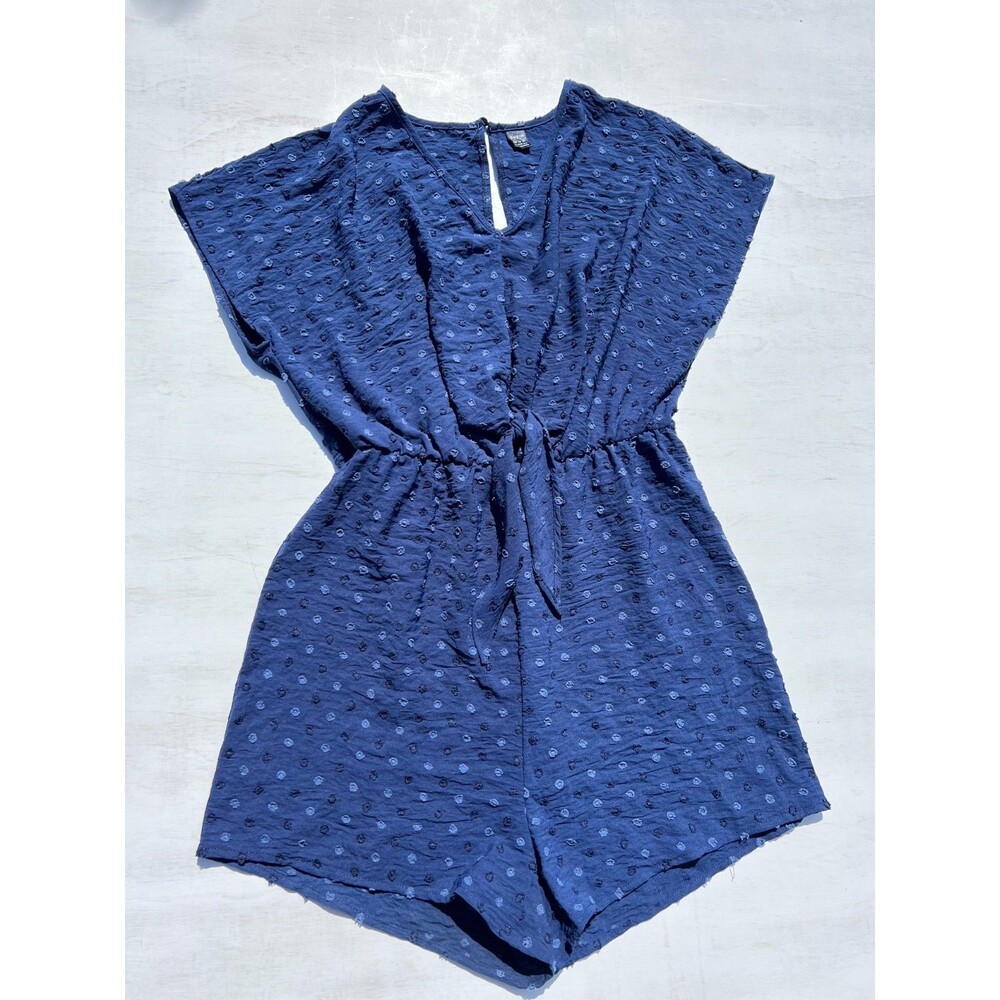 SHEIN Navy Blue Swiss Dot Tie-Front Short Romper - Size L